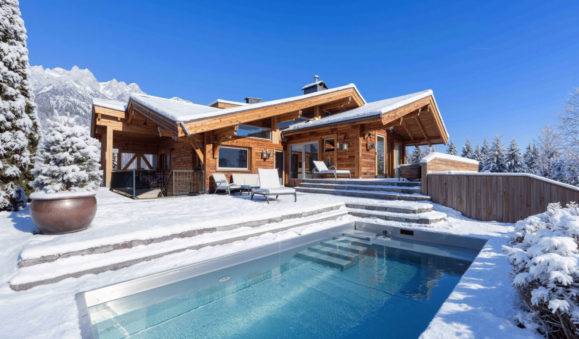 Luxus-Chalet mit Außenpool, Hot Tub und Alpenpanorama im Winter bei Sonnenschein.