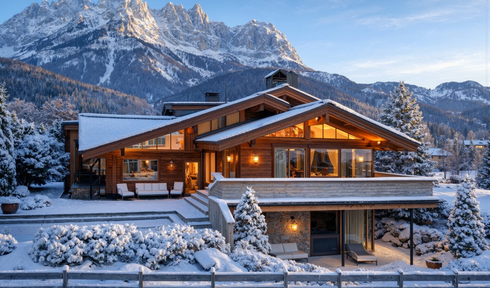 Luxus-Landhaus aus Holz mit Panoramafenstern vor schneebedeckten Bergen in den Alpen.