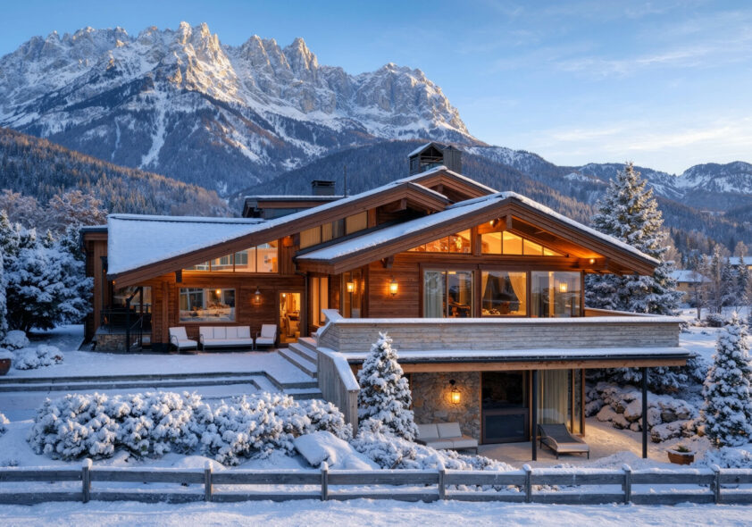 Luxus-Landhaus aus Holz mit Panoramafenstern vor schneebedeckten Bergen in den Alpen.