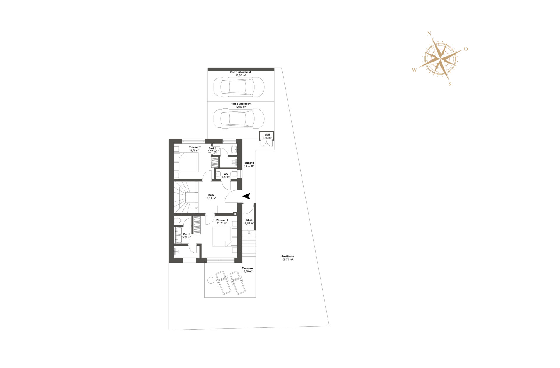 Grundriss Erdgeschoss: Master-Schlafzimmer mit Bad en suite, zweites Schlafzimmer en suite, Gäste-WC, Carport und Terrasse.