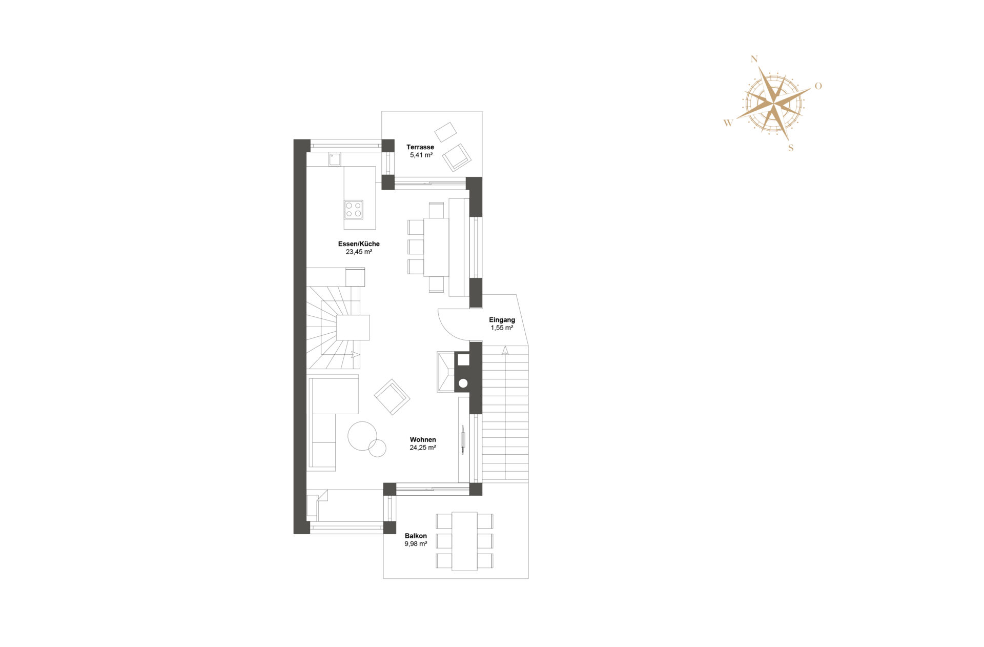 Grundriss Obergeschoss mit offener Wohnküche, Essbereich, Wohnzimmer und Balkon.