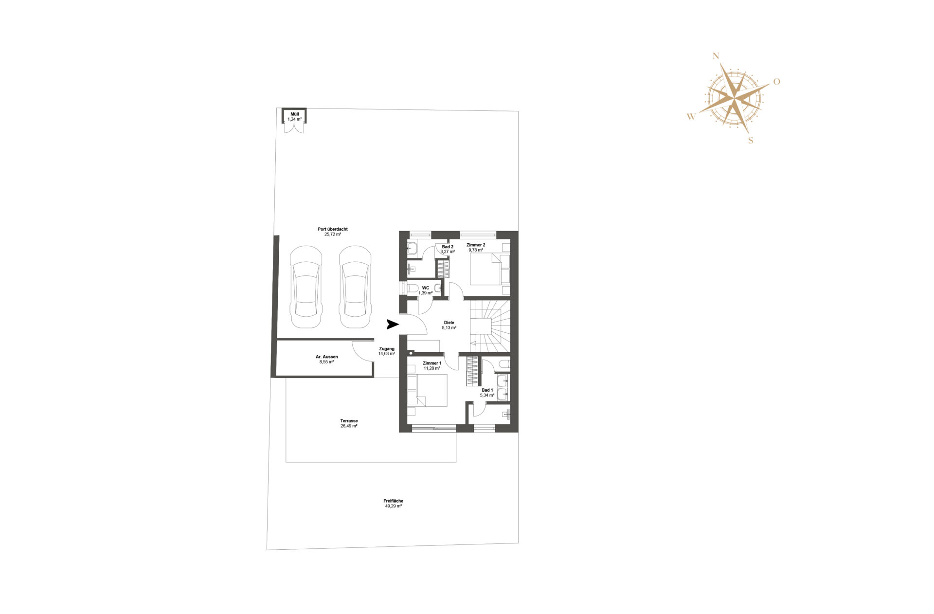 Grundriss untere Etage mit überdachtem Carport, zwei Wohnräumen, Badezimmer und Terrasse