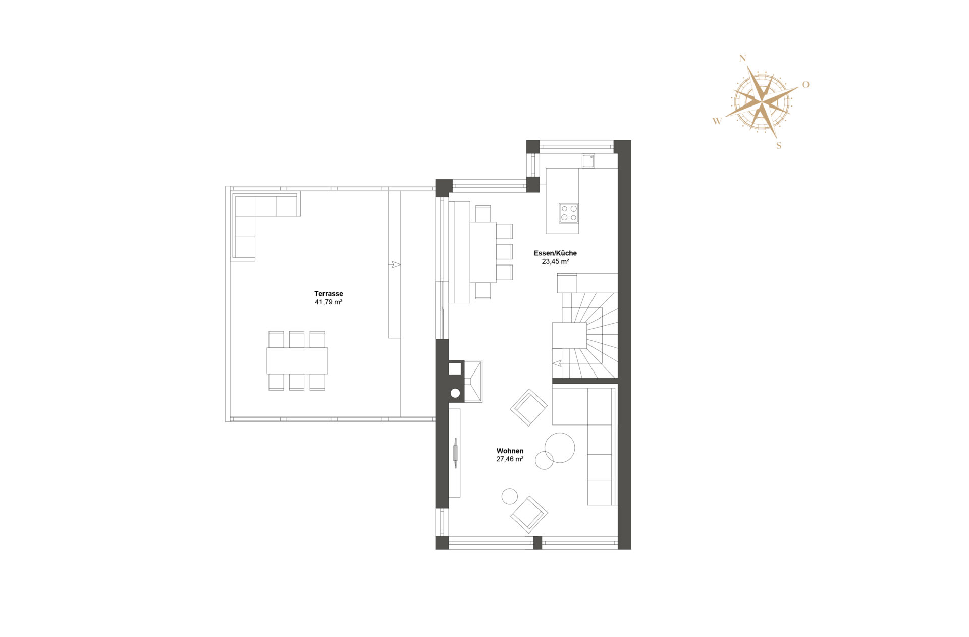 Grundriss Hauptgeschoss mit offenem Wohn-Essbereich und weitläufiger Außenterrasse.
