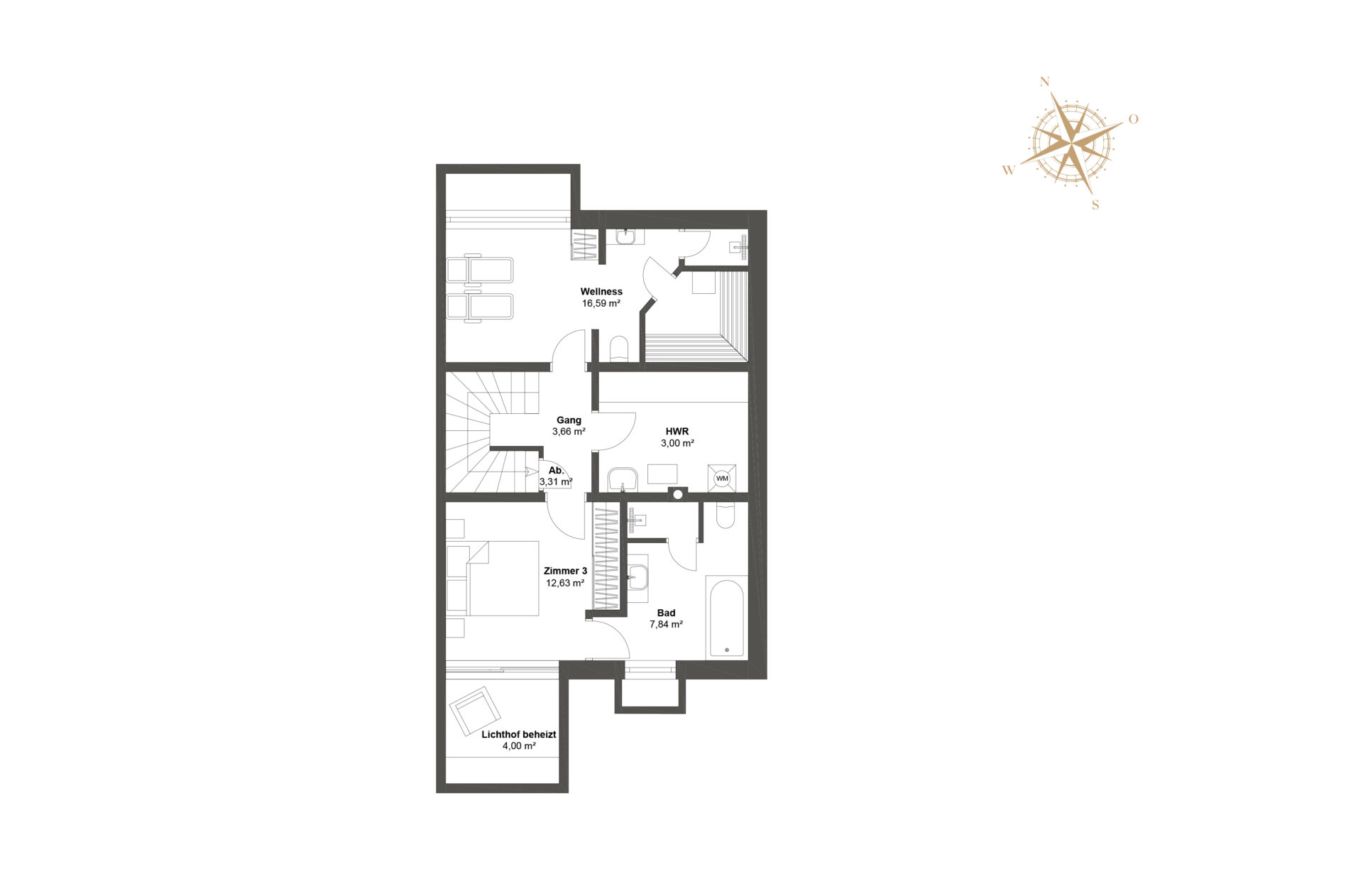 Chalet-Grundriss Kellergeschoss mit privatem Wellness-Spa, einem Extrazimmer und Hauswirtschaftsraum.