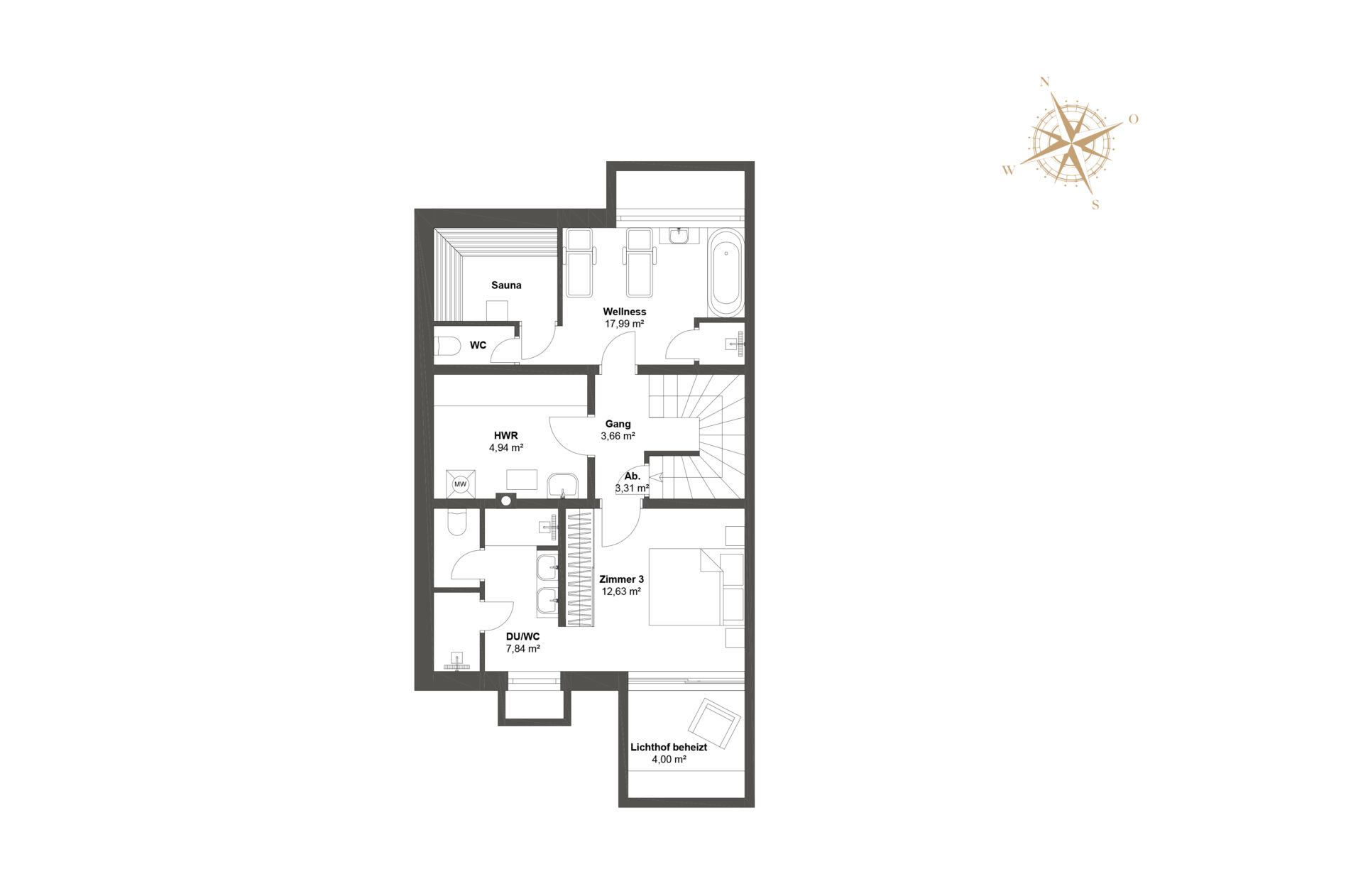 Chalet-Grundriss Untergeschoss mit privatem Spa, Sauna, Dusche und Extrazimmer.