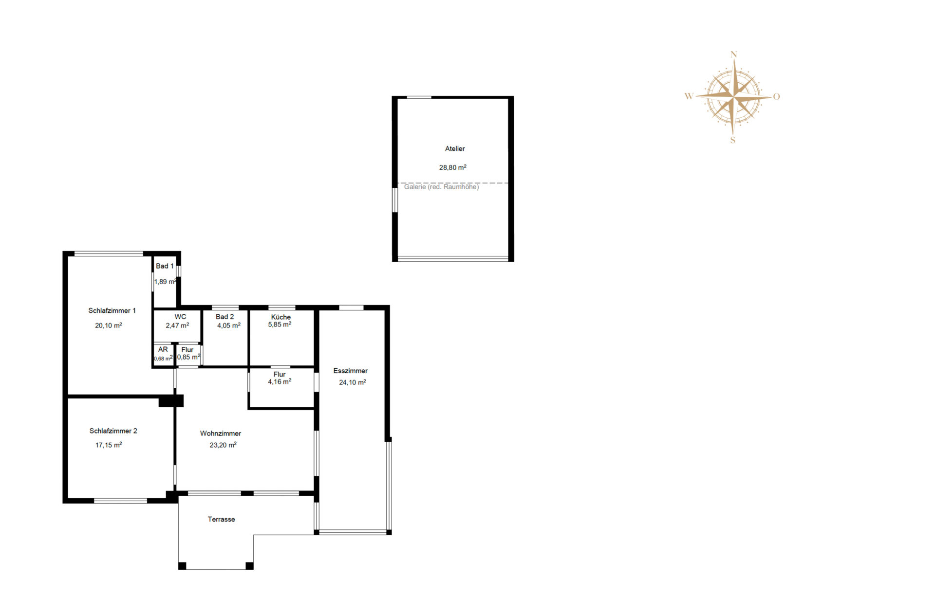 Grundriss Wohnung mit 2 Schlafzimmern, Wohnzimmer, Küche, Bad und Terrasse