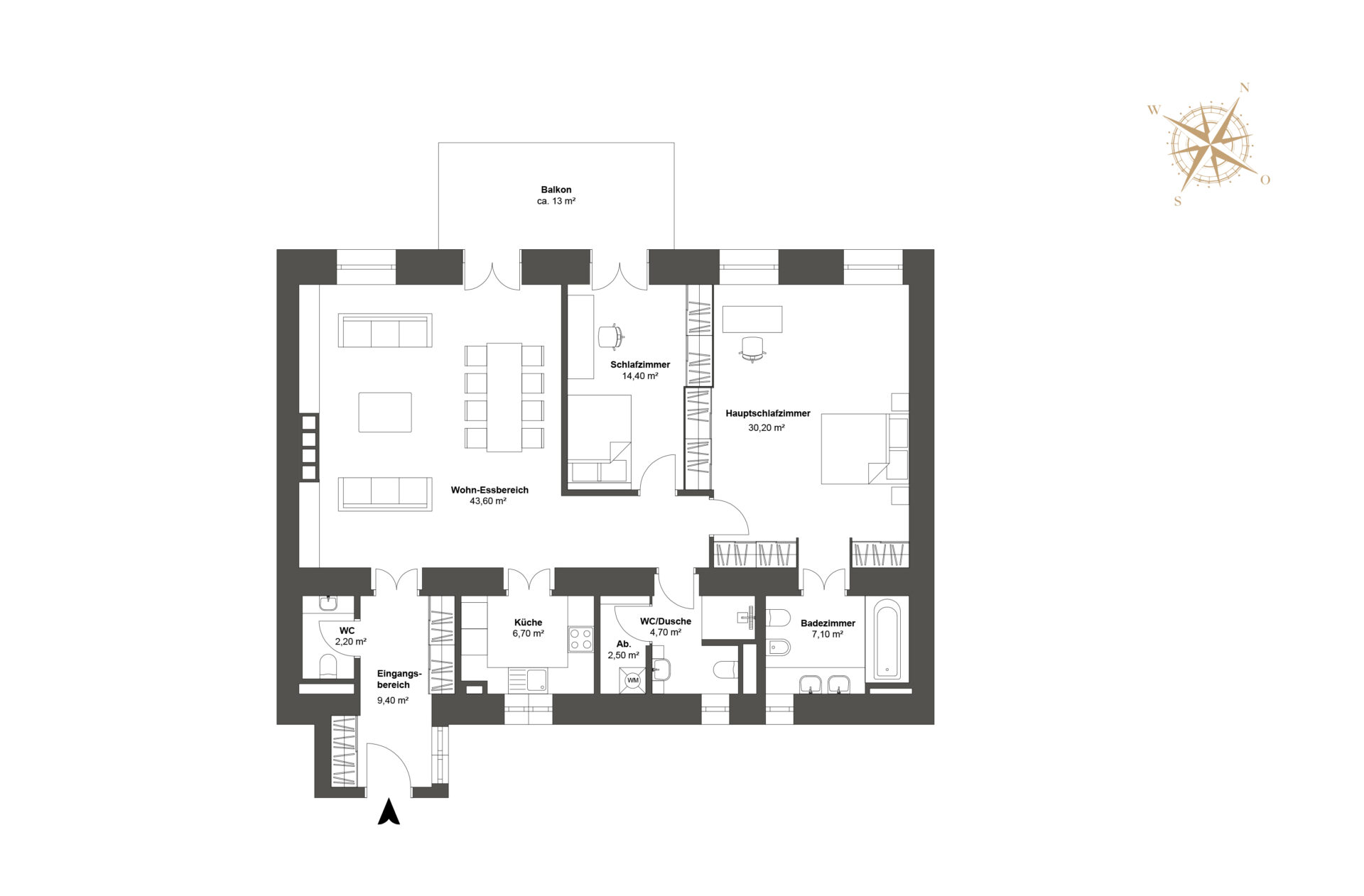 Wohnungsgrundriss mit Raumaufteilung - Balkon, Wohn-/Essbereich, Schlafzimmer, Küche, Bad, Abstellraum.