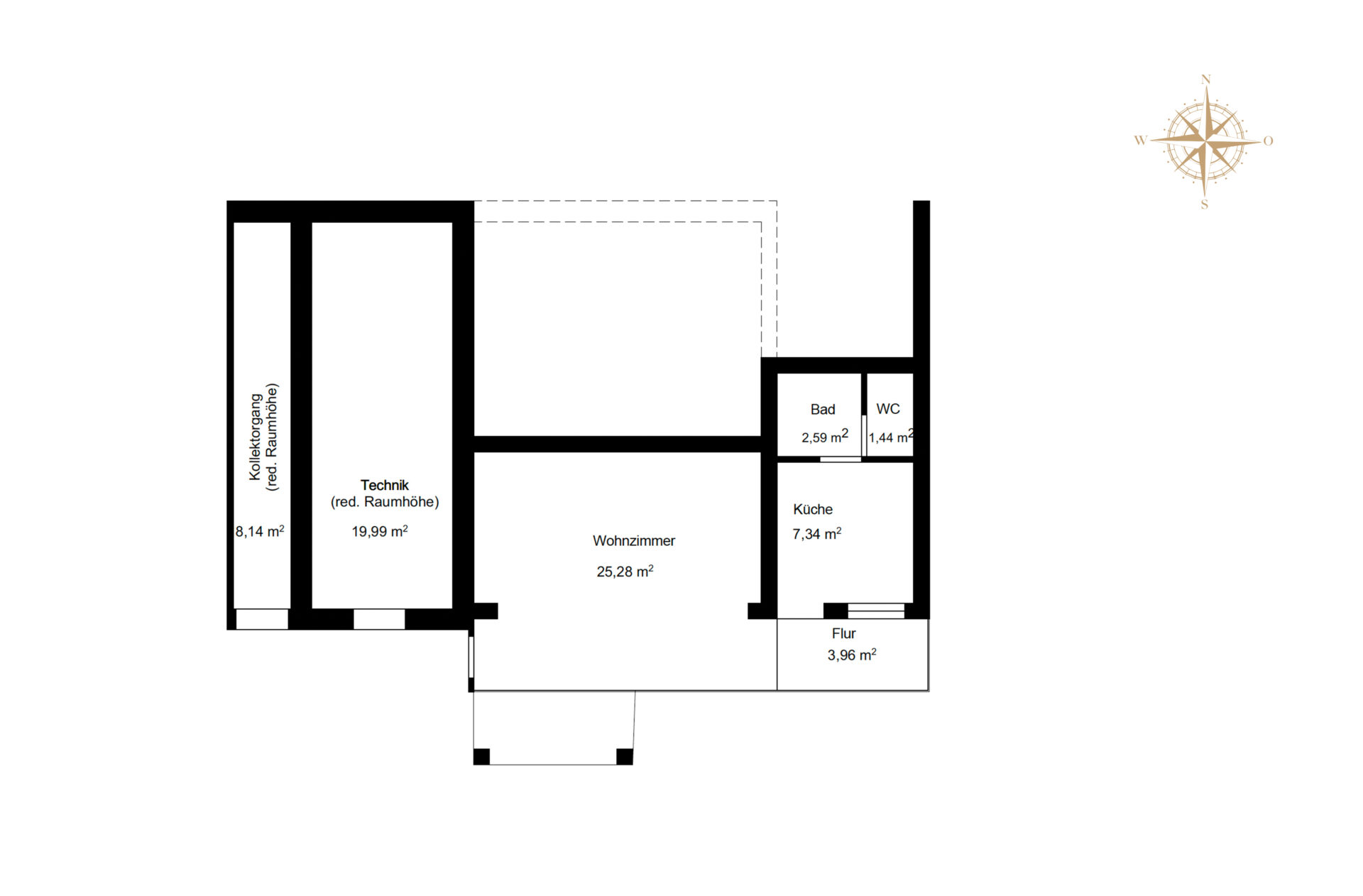 Grundriss Wohneinheit mit großem Wohnzimmer, Küche, Bad, WC und Technikraum – moderne Raumaufteilung.