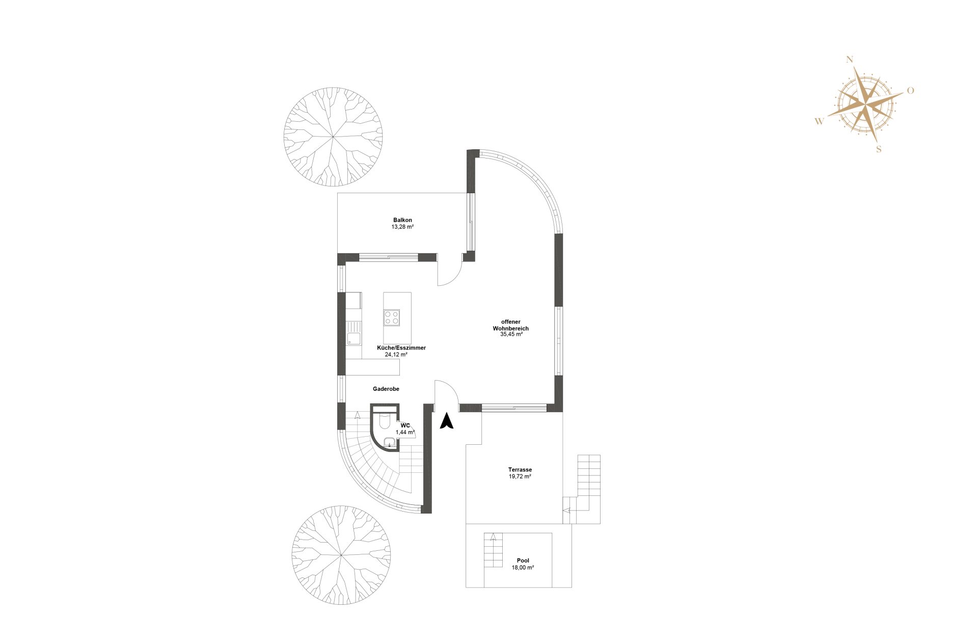Grundriss eines Erdgeschosses mit offenem Wohnbereich, Designer-Küche, Garderobe, WC, Stiegenhaus, Zugang zu Terrasse und Garten.