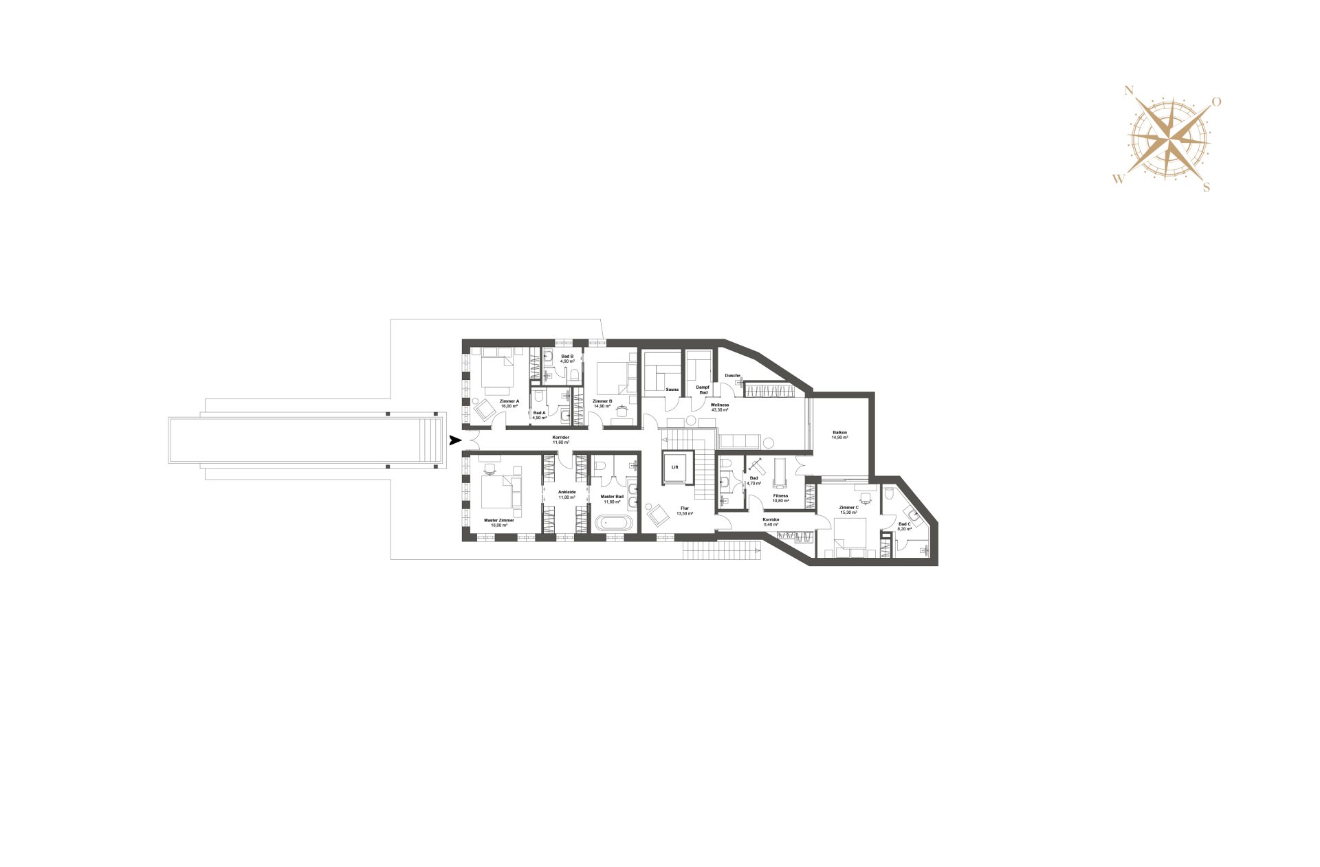 Grundriss Erdgeschoss eines Designer-Chalets mit mehreren Schlafzimmern, En-suite-Bädern, Fitness- und Wellness-Bereich.