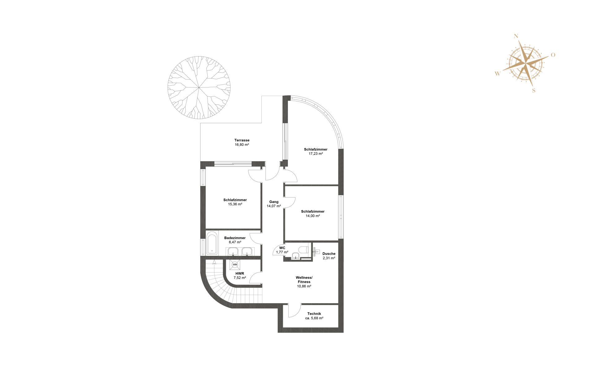 Grundriss-Untergeschoss mit 3 Schlafzimmern, Badezimmer, Wellness- und Fitnessbereich, Hauswirtschaftsraum, Technikraum und direktem Terrassen-Zugang.