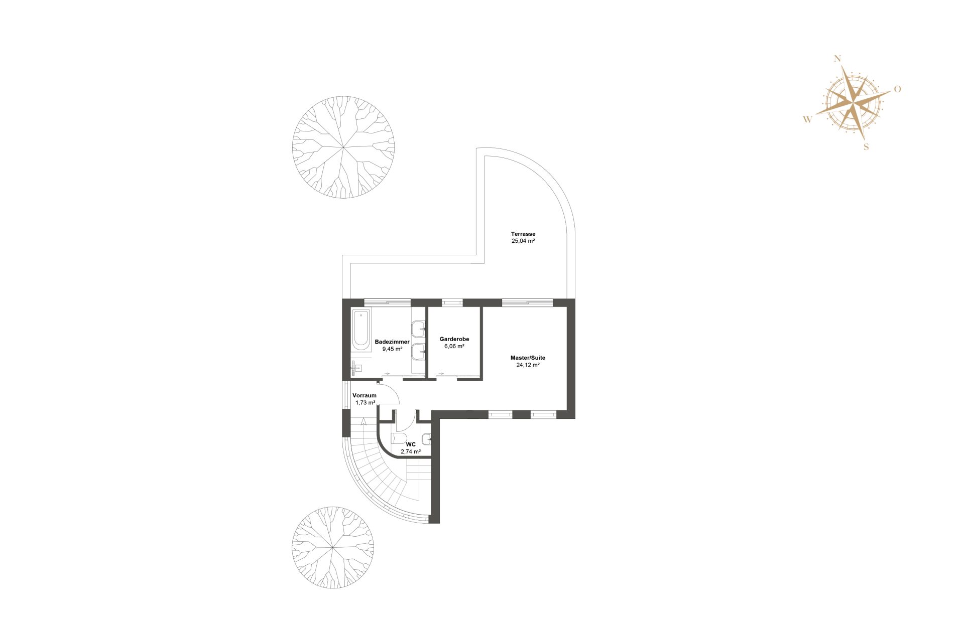 Grundriss Obergeschoss mit luxuriöser Master Suite, begehbarer Garderobe, Badezimmer, WC und Terrassen-Zugang.