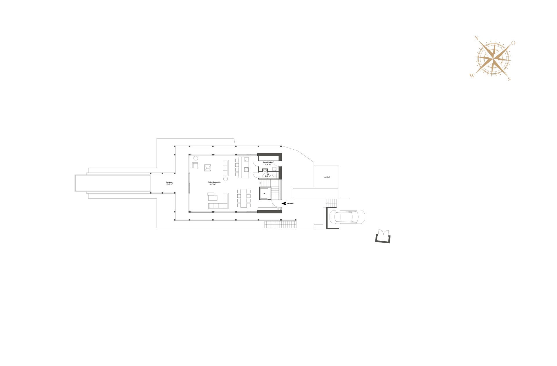 Architekturplan Erdgeschoss: Offene Wohnküche, Essbereich, WC und Lift.