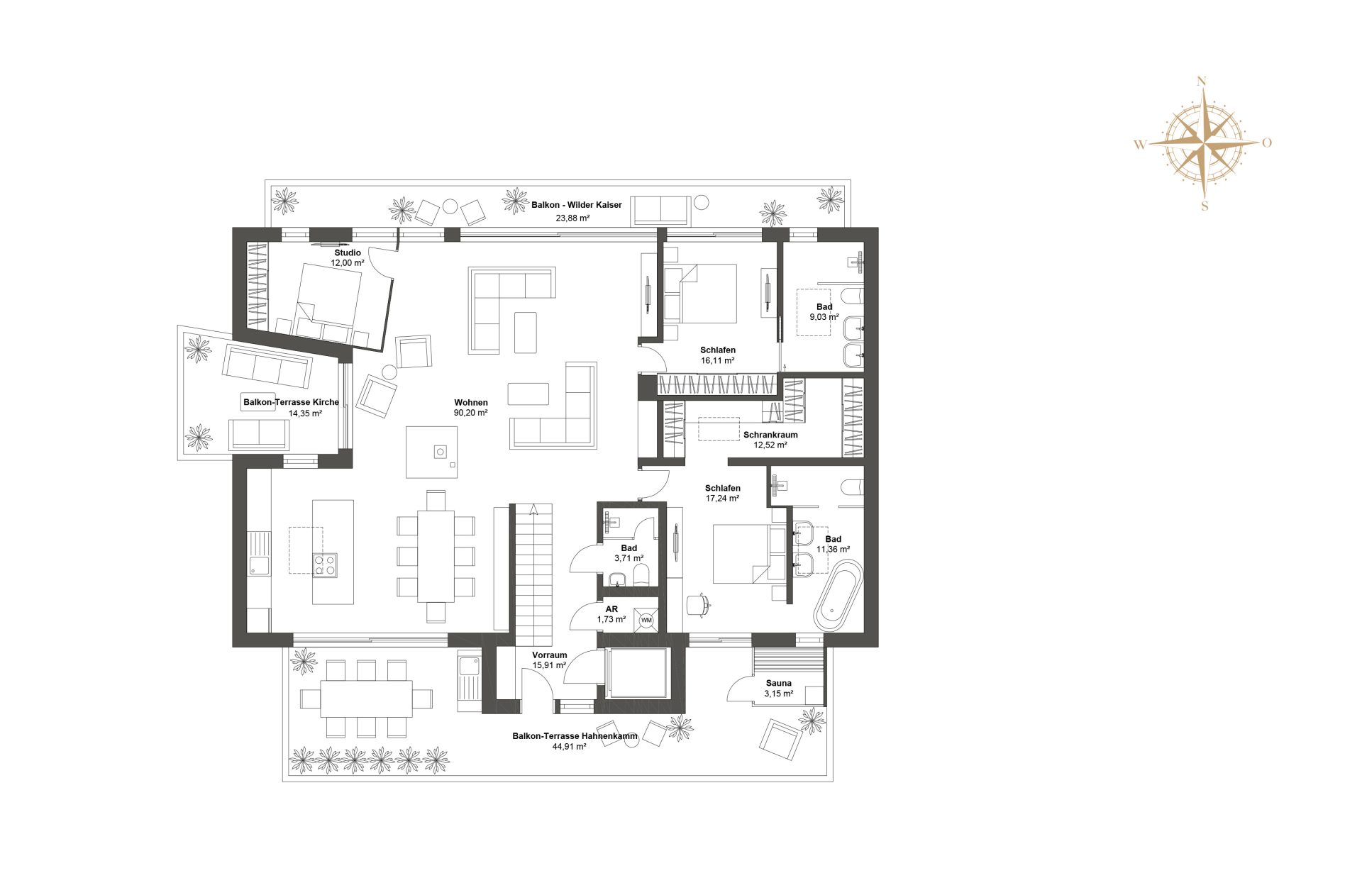 Obergeschoss-Grundriss mit Wohn- und Essbereich, 3 Schlafzimmern, Badezimmer en suite, 3 Terrassen und einem Lift.
