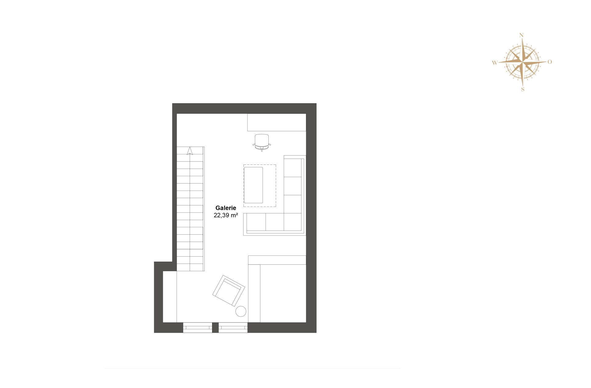 Grundriss Galerie-Ebene mit offenem Wohnbereich und Treppenaufgang.