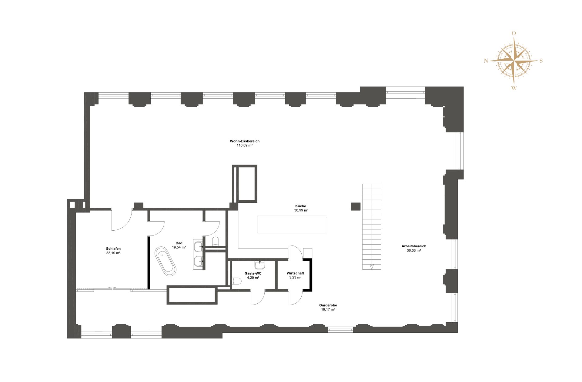4. Obergeschoss Grundriss mit Garderobe, Wirtschaftsraum, Arbeitsbereich, Wohn-Essbereich, Küche, Schlafzimmer, Badezimmer mit WC und Gäste-WC.