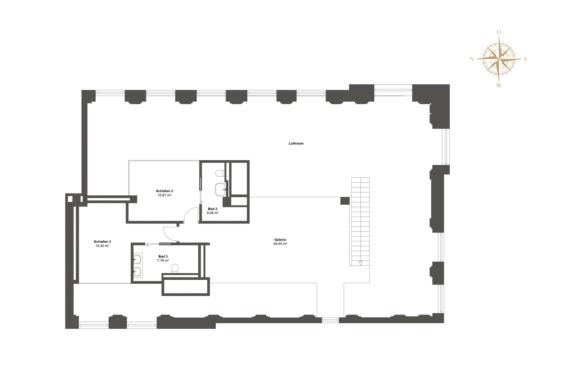5. Obergeschoss-Grundriss mit Galerie, zwei Schlafzimmern mit Badezimmer und WC en suite.