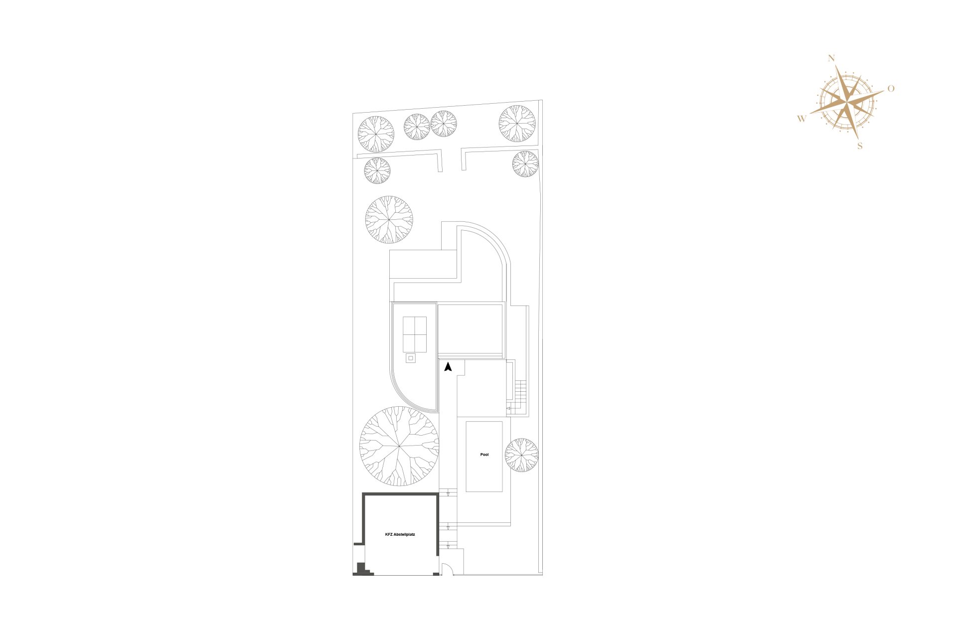 Grundrissplan mit Pool, Carport für 2 PKW und Baumbestand.
