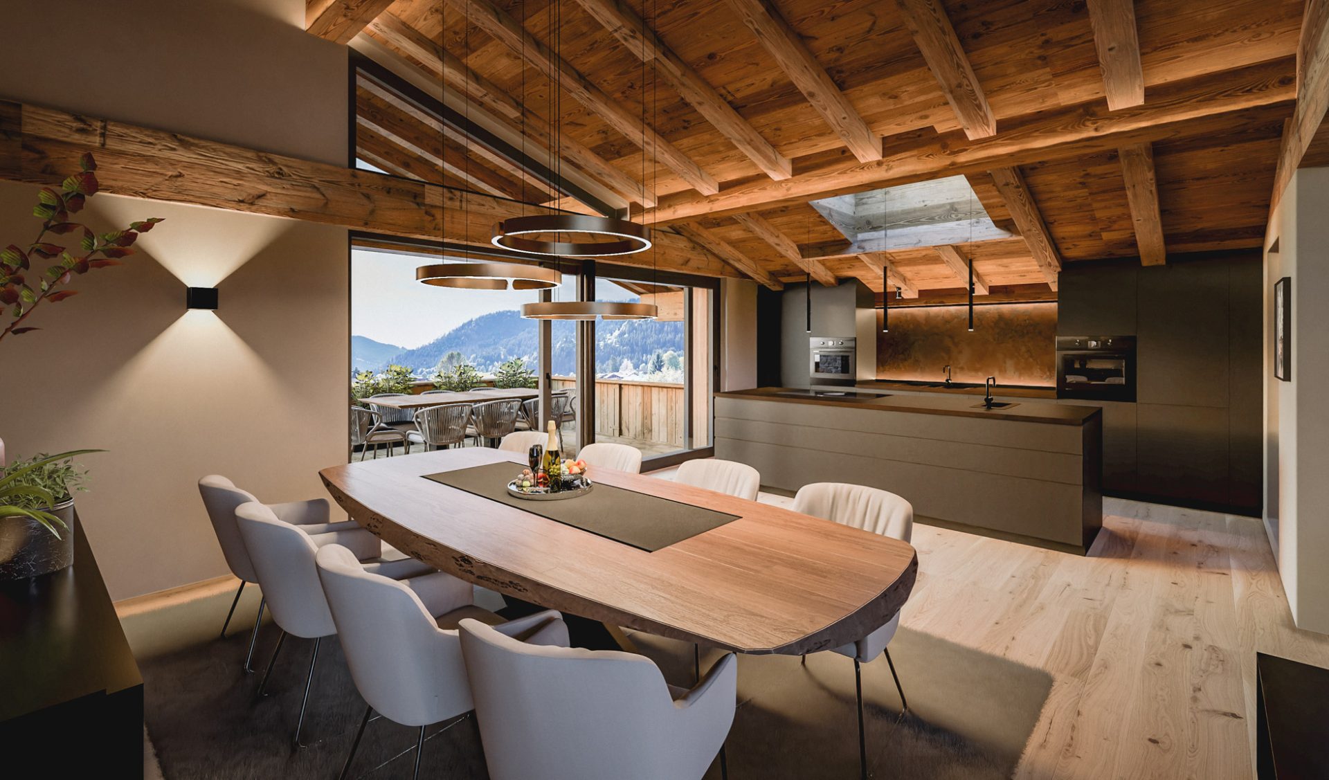 Luxuriöser Wohn-Essbereich mit warmem Altholzdachstuhl, Designer-Hängeleuchten und Panoramaterrassenzugang.