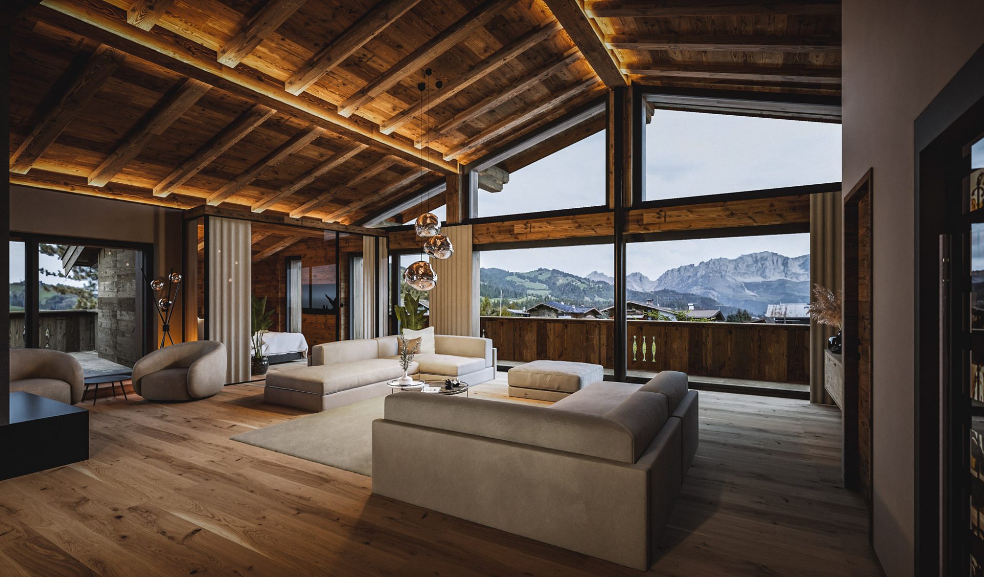 Luxuriöses Alpen-Wohnzimmer mit rustikaler Holzdecke, modernem Interieur und Bergpanorama.
