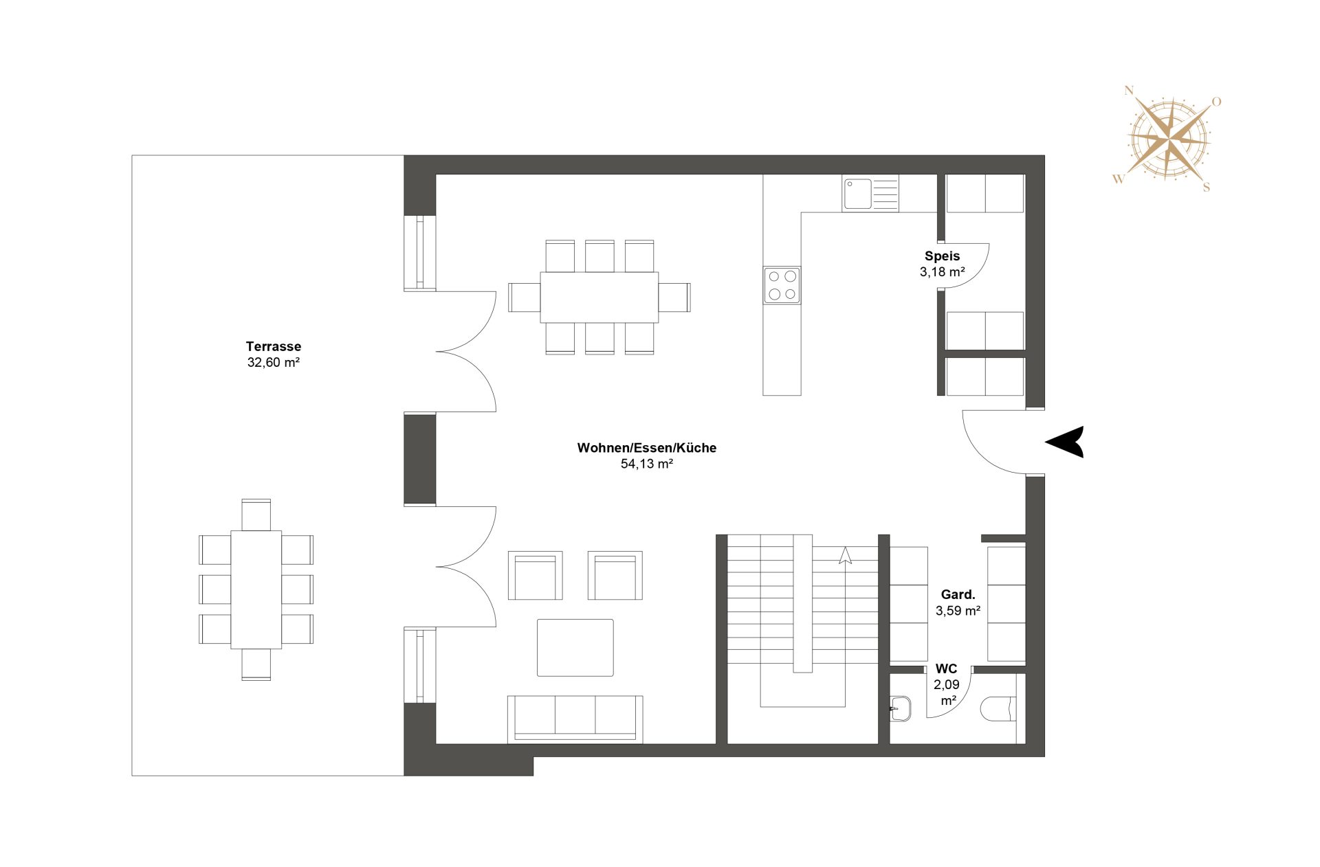 Apartment-Grundriss mit großzügigem Koch-Wohn-Essbereich, separater Stube, Garderobe und Terrasse.