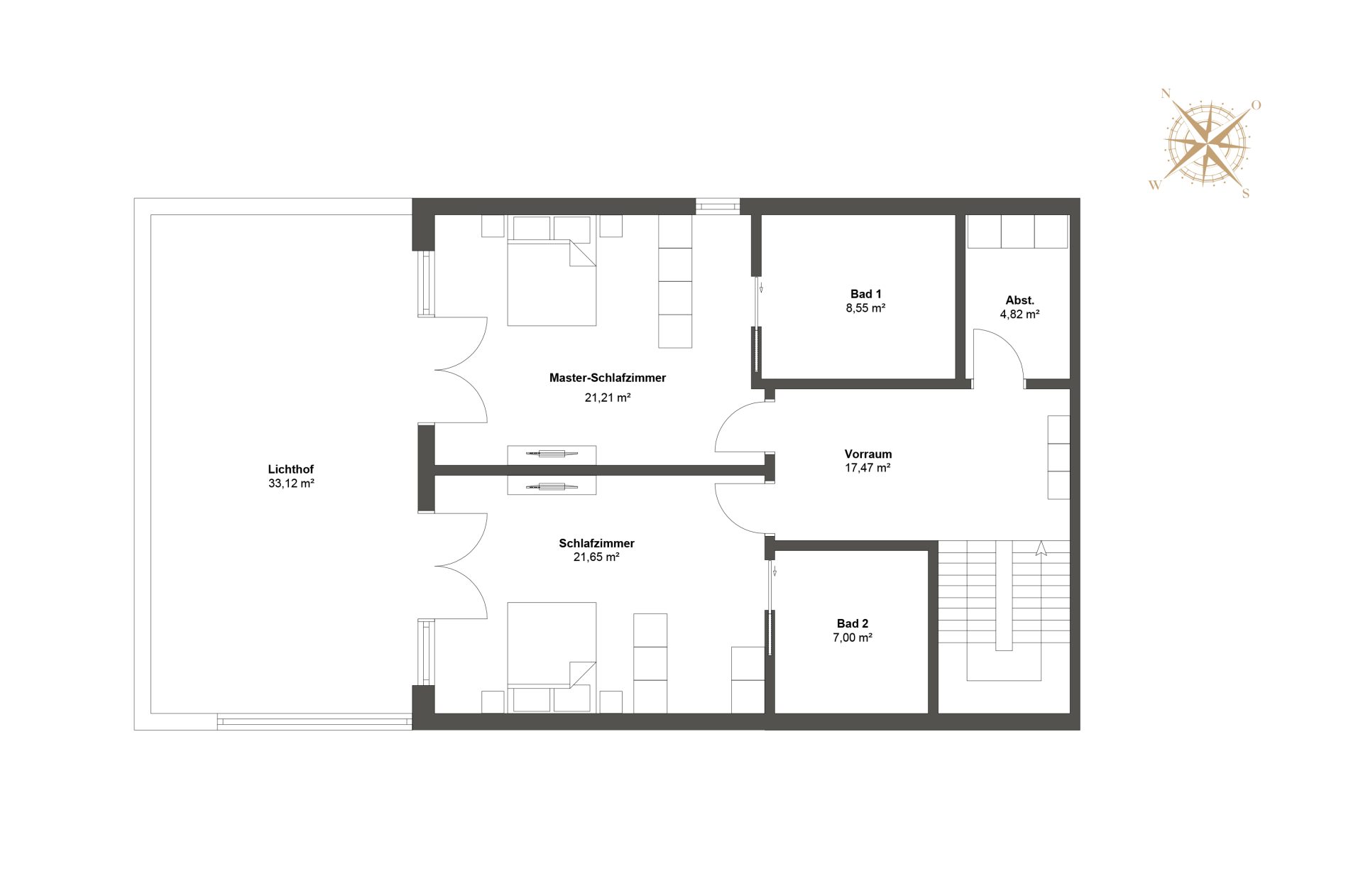 Untergeschoss-Grundriss mit zwei Schlafzimmern, En-suite-Bädern, großzügigem Vorraum und Terrassenzugang.