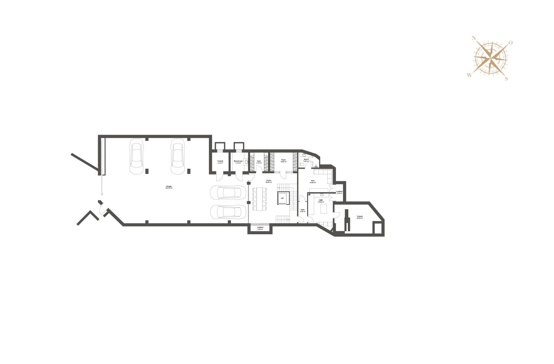 Grundriss Untergeschoss mit Doppelgarage, Technikraum, Ski-Raum, Wellnessbereich und Home-Kino.