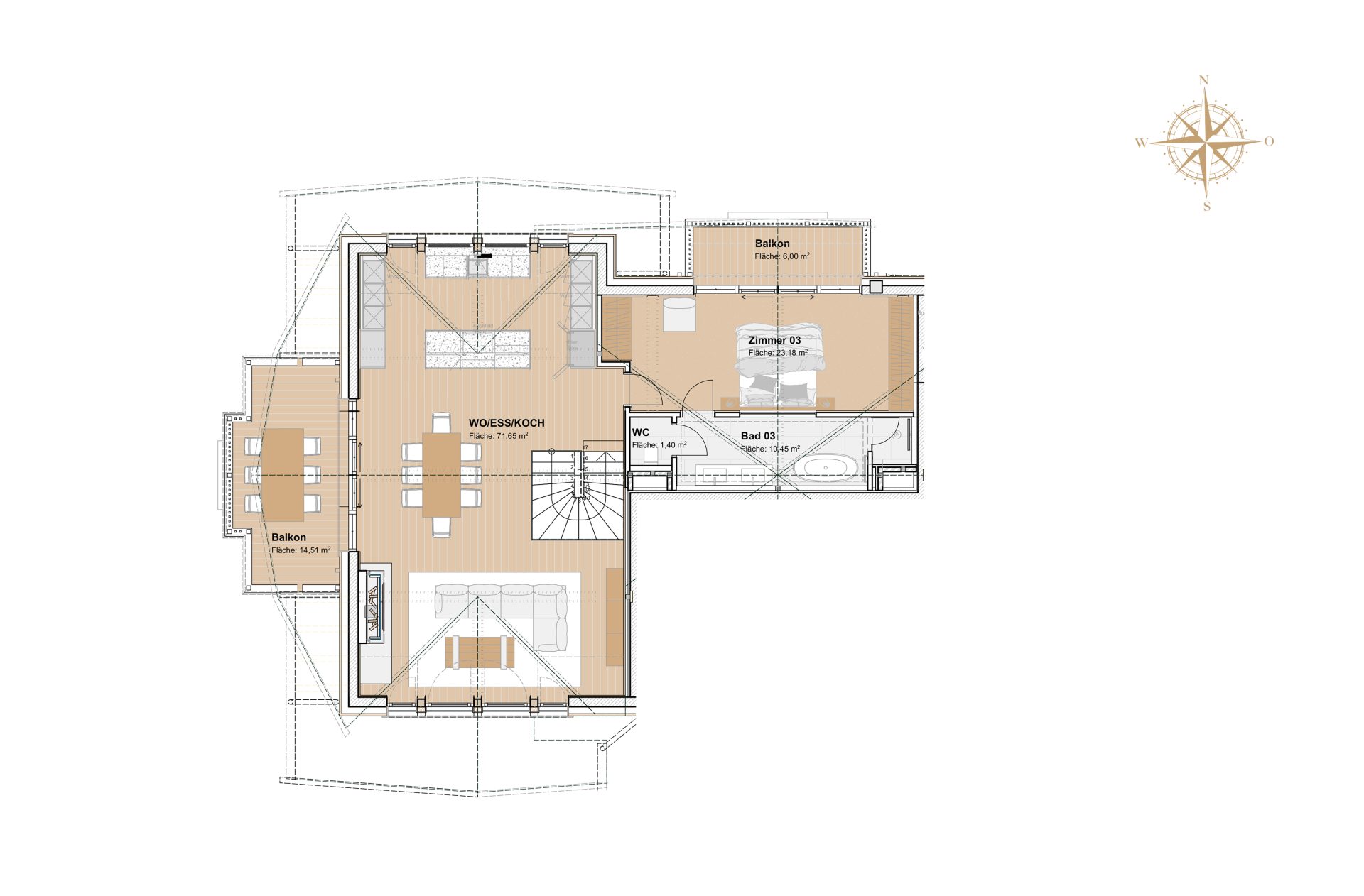 Grundriss Dachgeschoss mit offenem Wohn-Ess-Kochbereich, Master-Schlafzimmer, Badezimmer en suite und Terrasse.