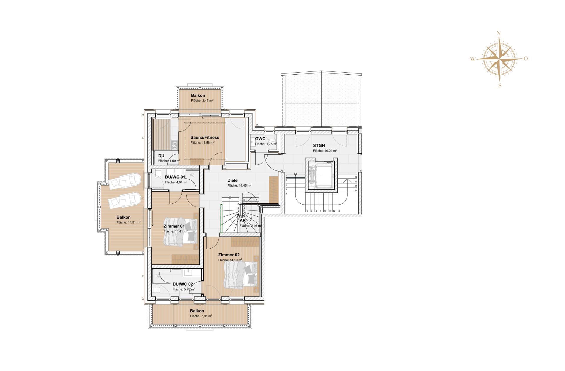 Grundriss Obergeschoss mit 2 Schlafzimmern, Wellness- und Saunabereich sowie Balkonen.