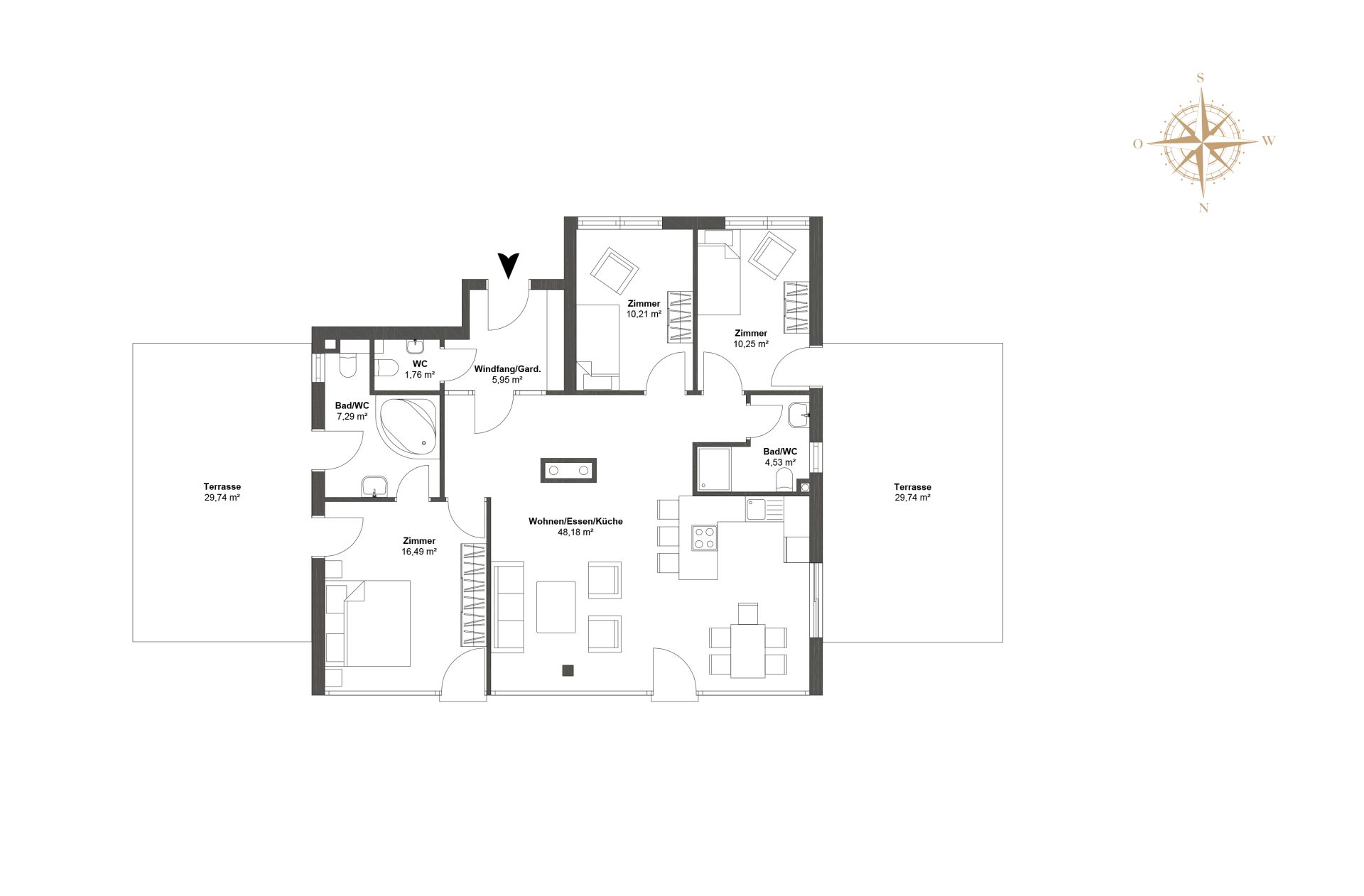 Grundriss Seeblick Penthouse mit Garderobe, Wohn-Essbereich, Masterbedroom mit Badezimmer, 2 Schlafzimmer, Badezimmer mit WC, Gäste WC und Terrassen.