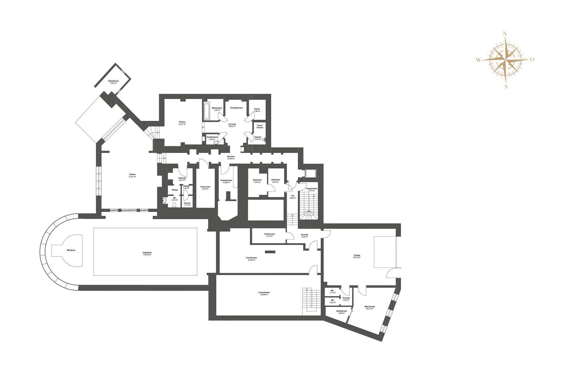 Grundriss 1. Untergeschoss mit Indoor-Pool und SPA-Bereich.