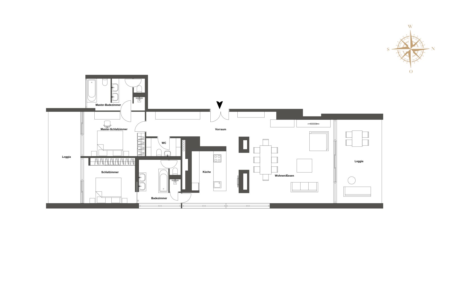 Detaillierter Grundriss des Apartments mit Wohn-Essbereich, Loggia, zwei Schlafzimmern und exklusiven Badezimmern.