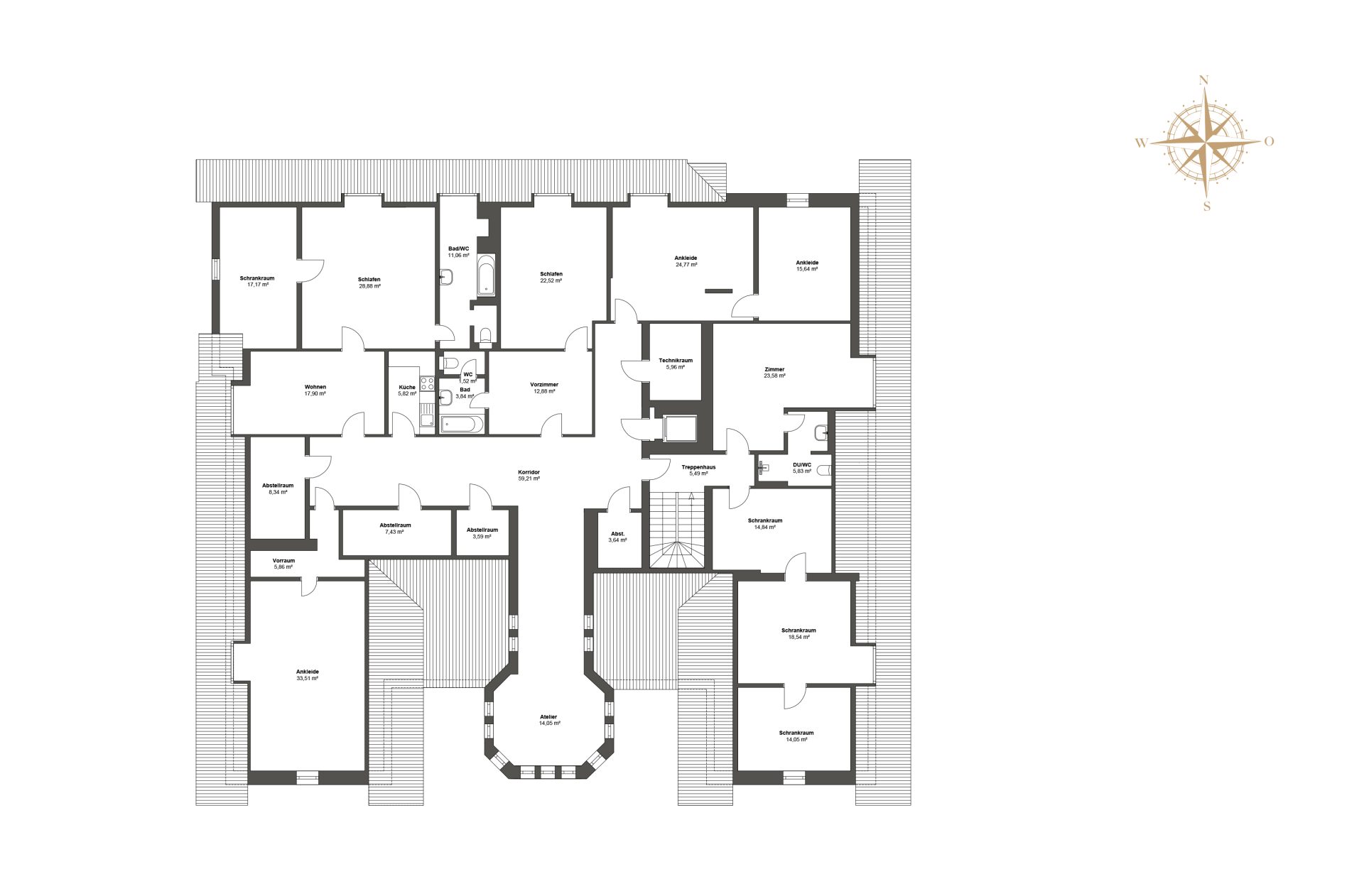 Grundriss 2. Obergeschoss mit mehreren Schlafzimmern und Bädern.