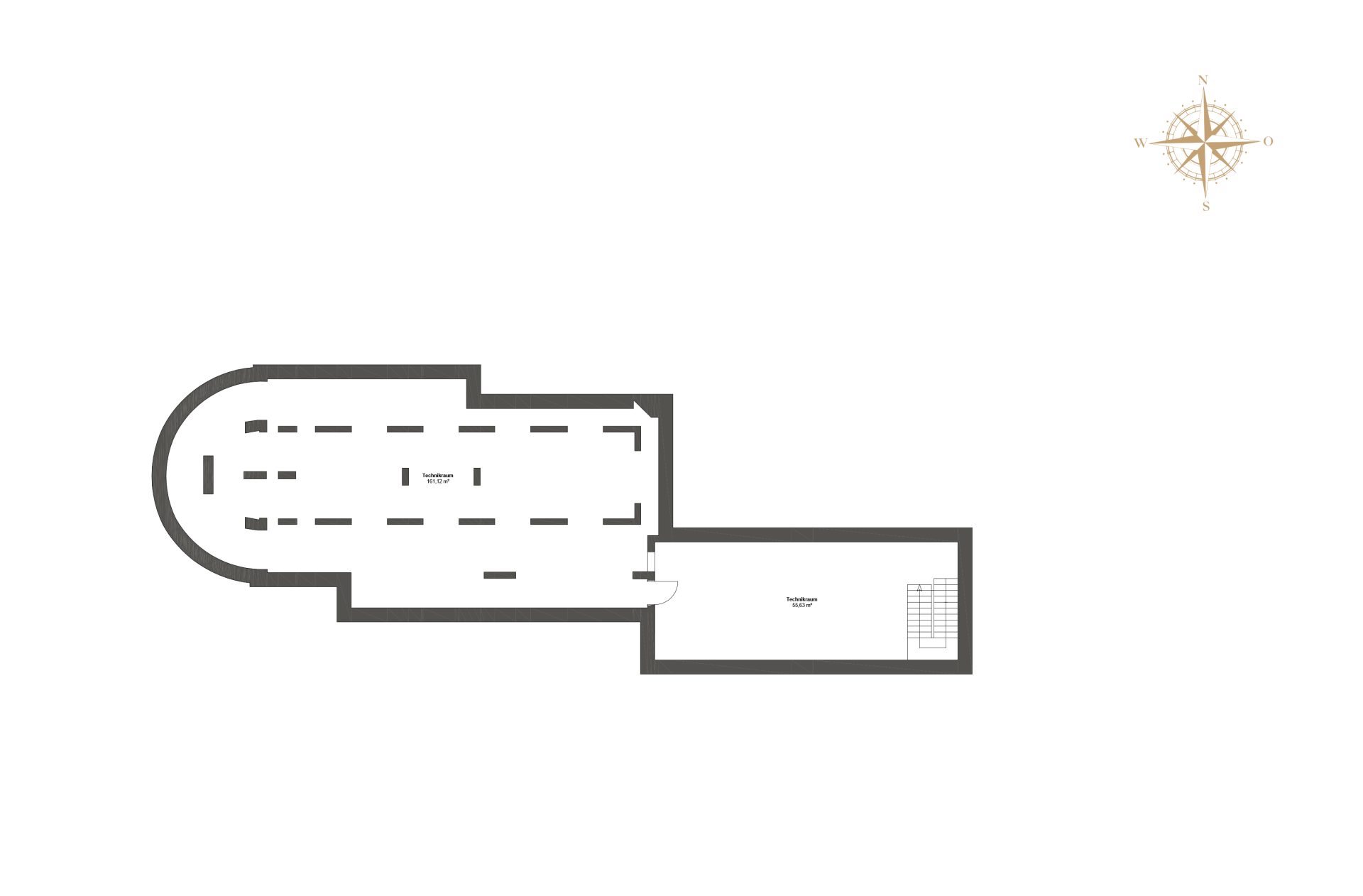 Grundriss 2. Untergeschoss mit Technik- und Lagerräumen.