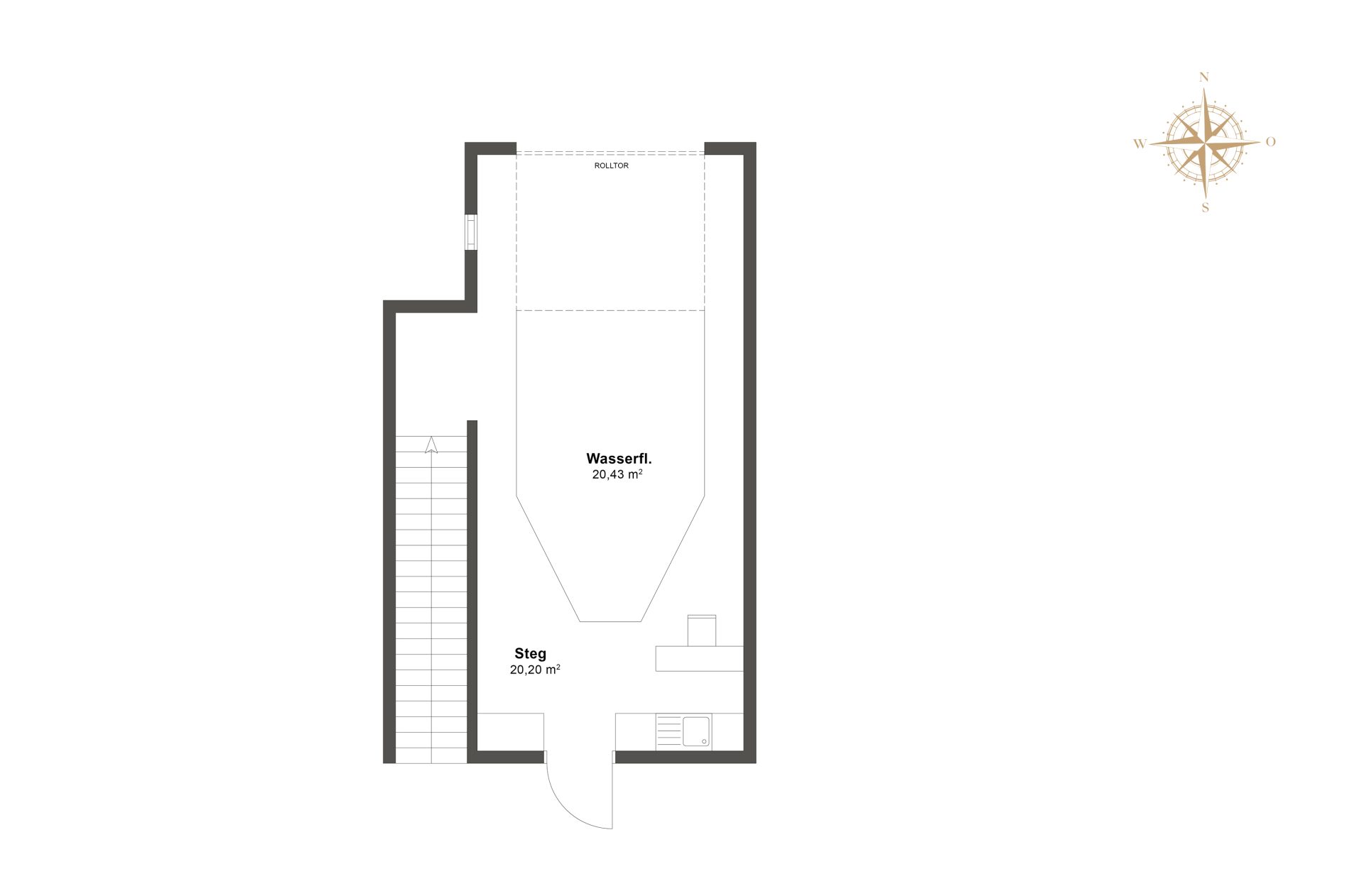 Grundriss Bootshaus Erdgeschoss mit 50m² Wasserfläche für Boot, 26m² Holzsteg und Treppenaufgang zum Wohnbereich.