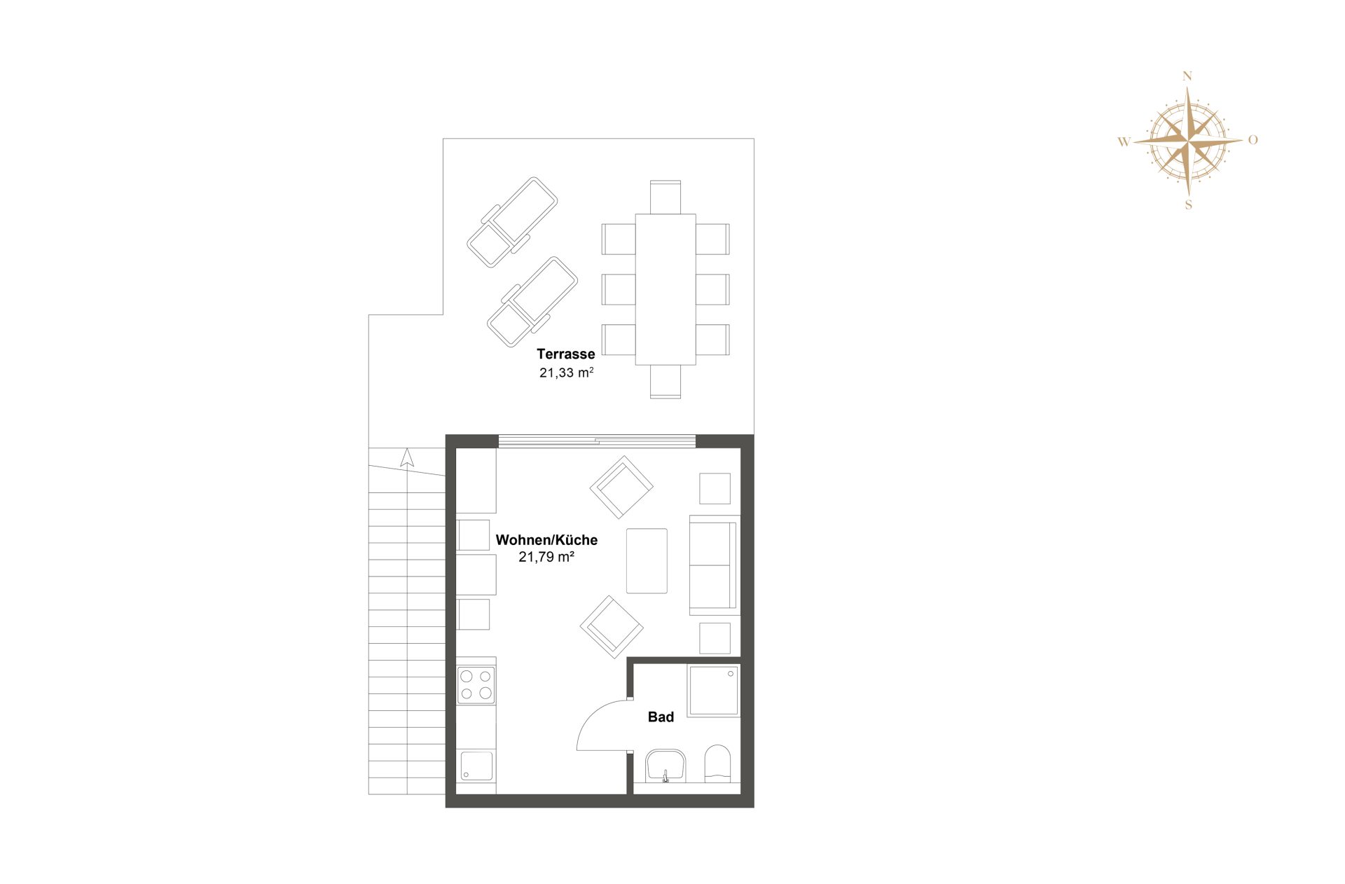 Grundriss Bootshaus Obergeschoss mit Wohn-Küchenbereich, Badezimmer und Terrasse.
