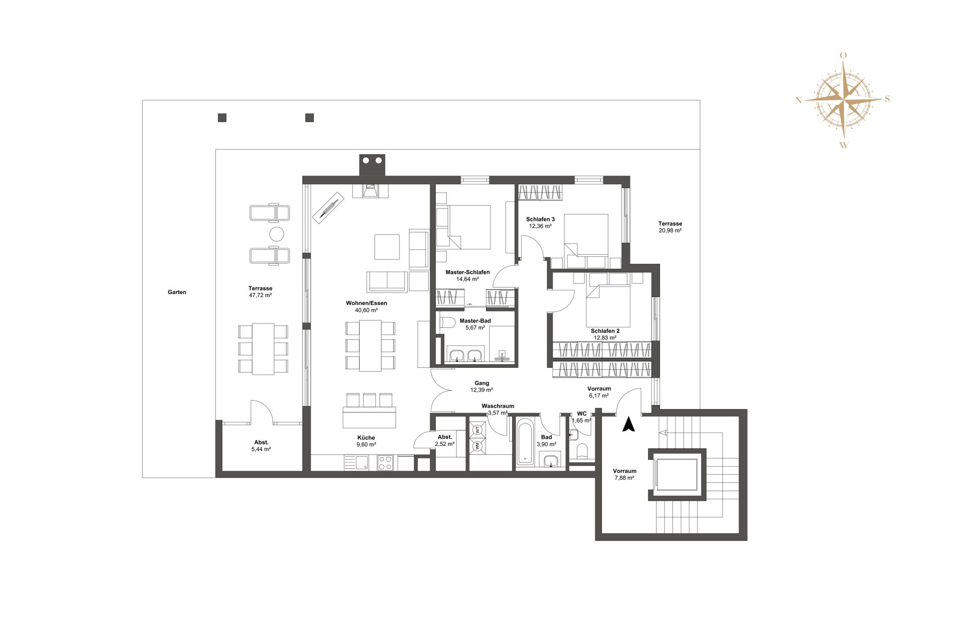 Apartment Grundriss Erdgeschoss mit 3 Schlafzimmer, Master-Bad en suite, offene Küche, Wohnbereich und Seeterrasse.