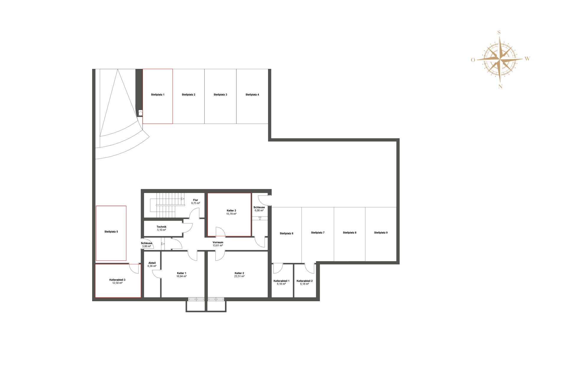 Grundriss der Untergeschoss-Ebene mit Tiefgaragen-Stellplätzen, Kellerabteilen und Technikräumen.