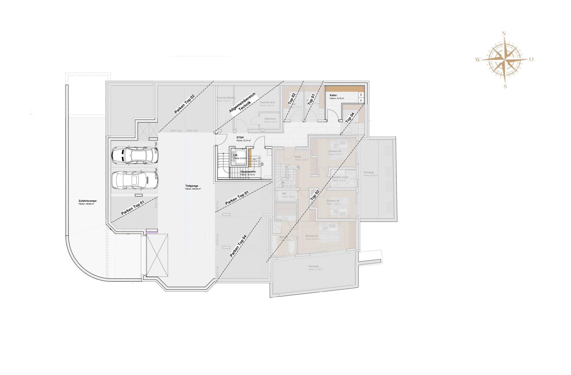 Grundriss Untergeschoss mit Tiefgarage und Kellerraum.